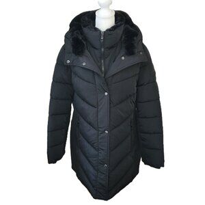 Andrew Marc Women's Black Puffer Coat Faux Fur Lined Hood Zipper Snap Closure L
